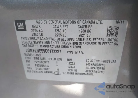 2012 Chevrolet Equinox 2Lt из США, поврежденный, VIN 2GNFLNE59C6173327